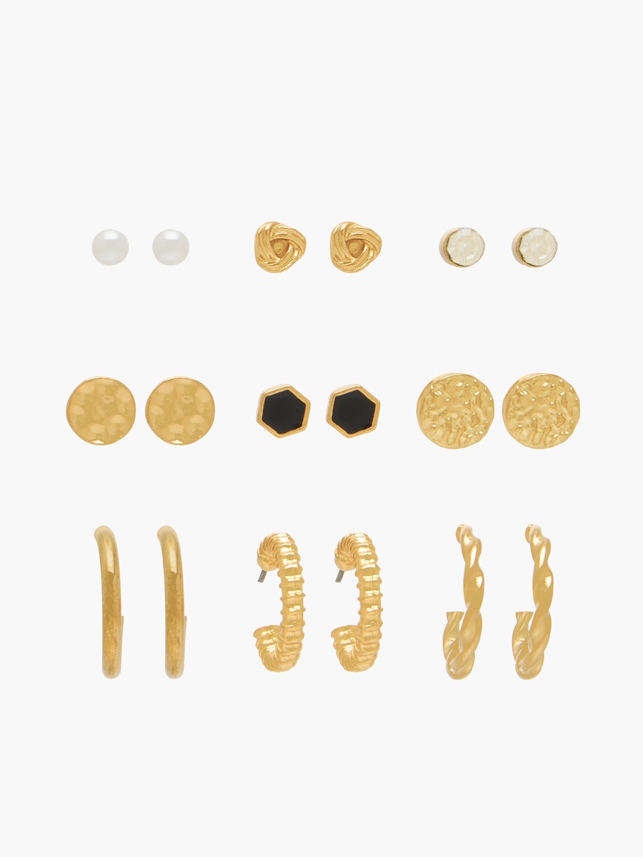 Pack of 9 Gold Tone Assorted Earrings with Pushback Closure