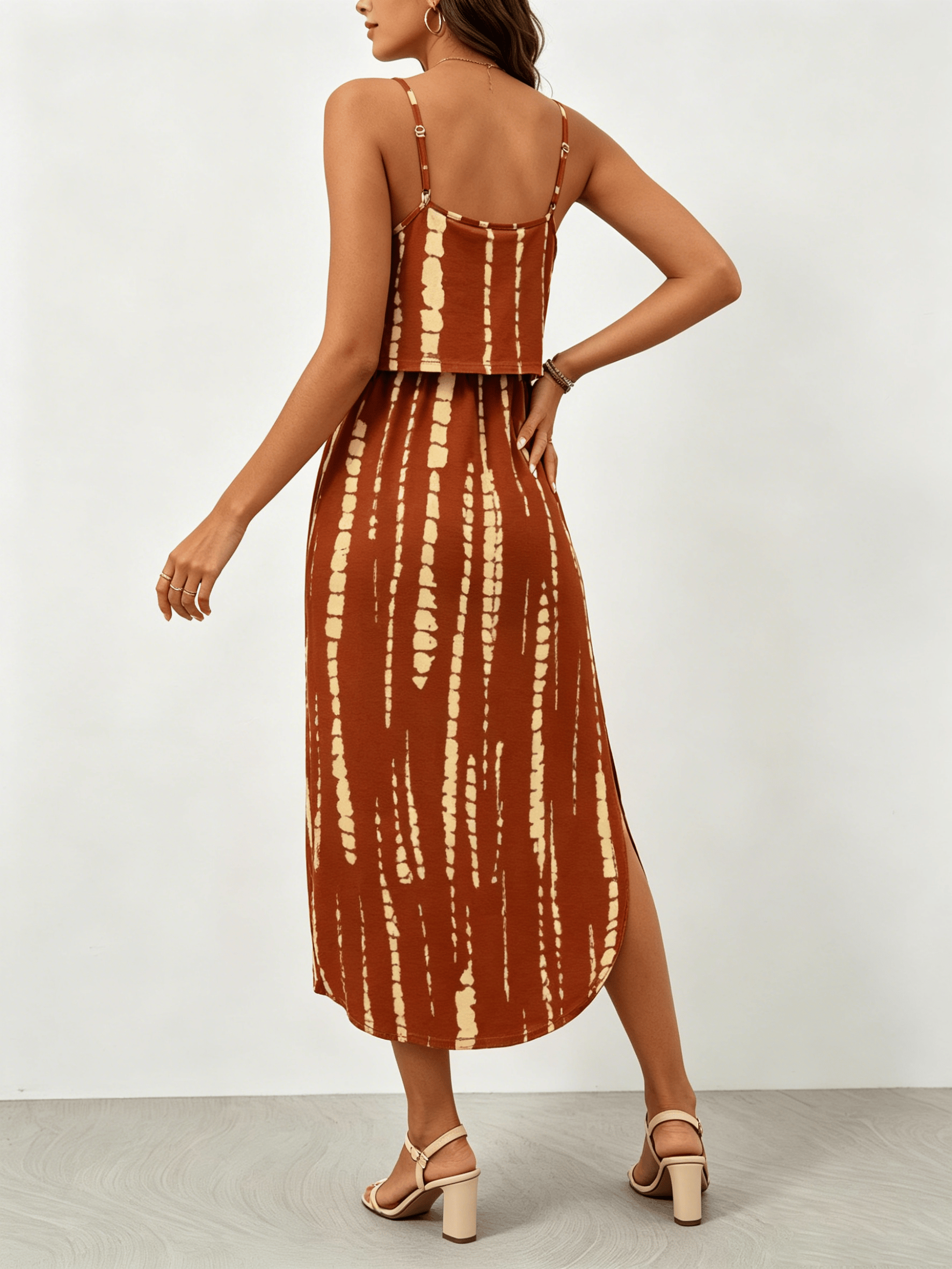 Rust Tie Dye Print Cami Midi Dress