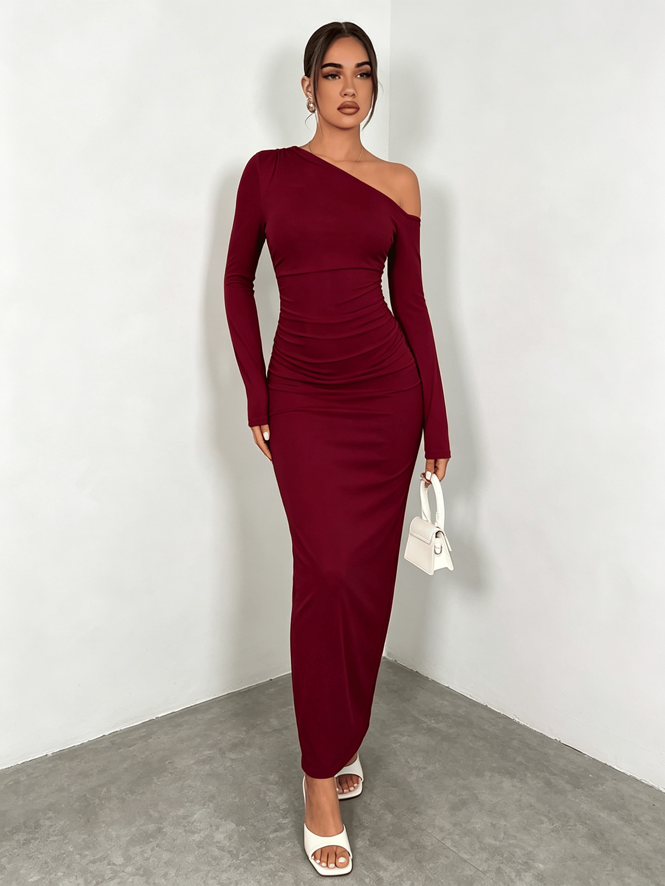 burgundy bodycon maxi dress Faith Long Sleeve O-Ring Long Sleeve Draped lines Burgundy Asymmetric Neck Bodycon Maxi