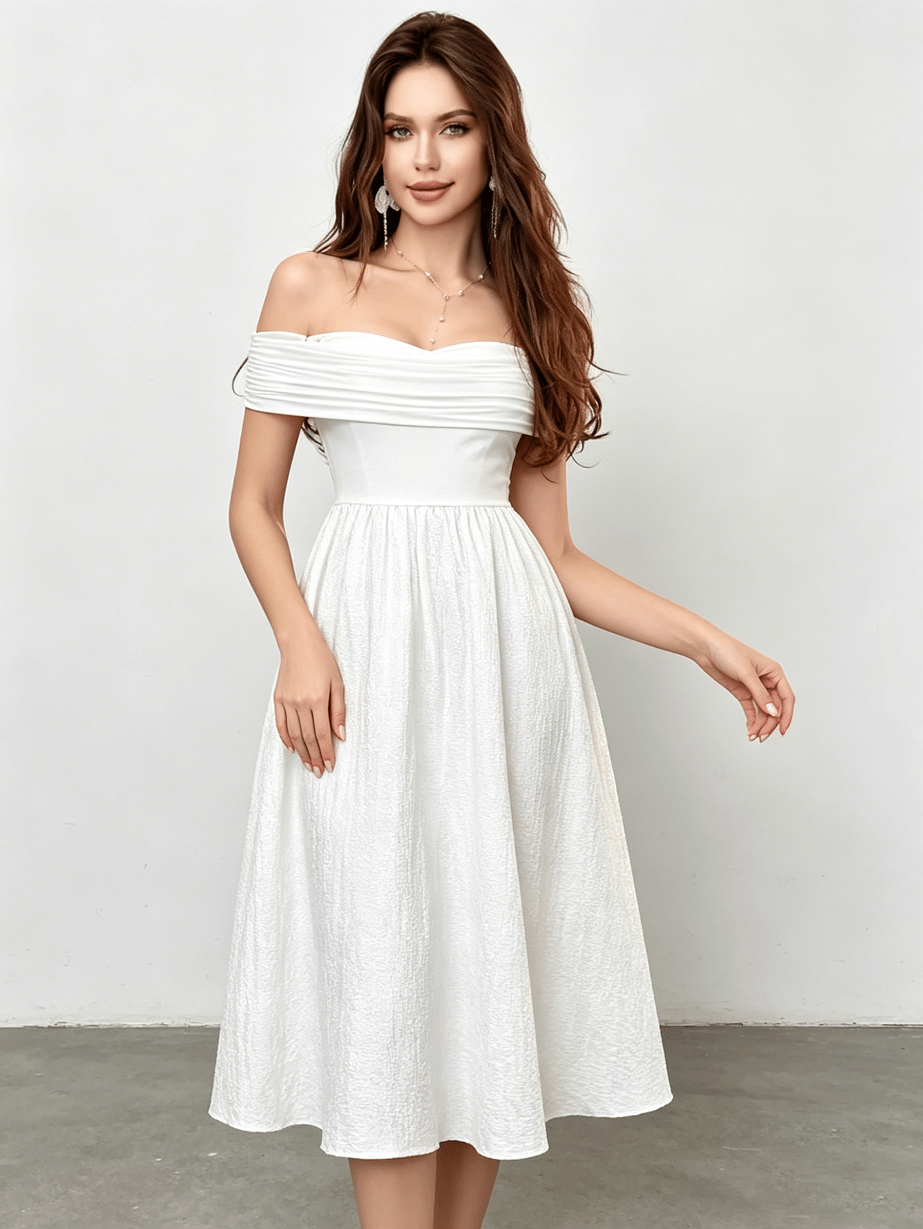 White Off Shoulder A-Line Midi Dress