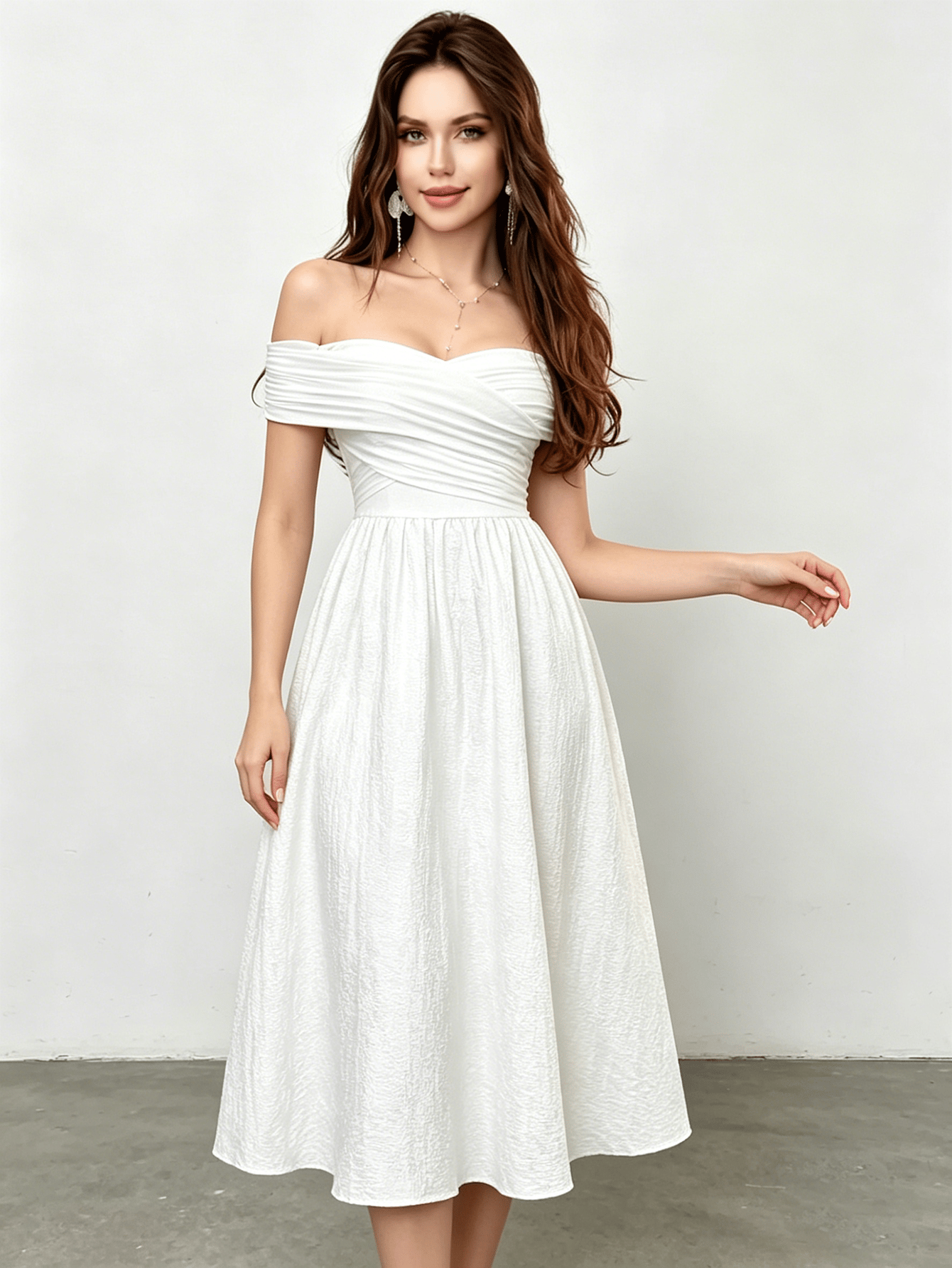 White Off Shoulder A-Line Midi Dress