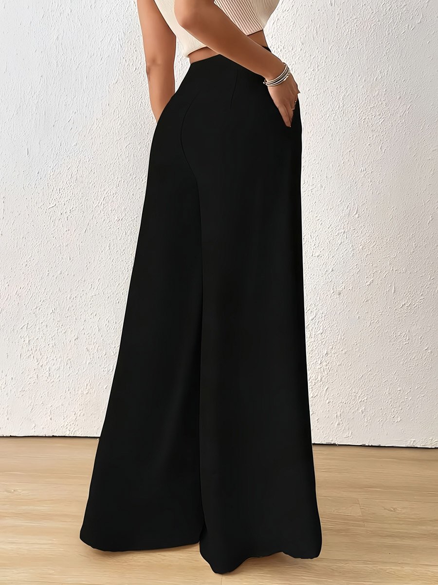 Black Wide-Leg Trousers with Button Detail