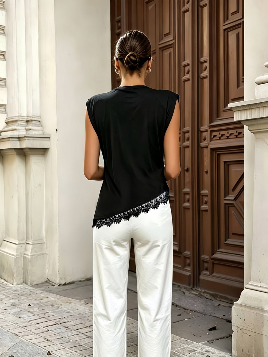 Black Sleeveless Tank Top with Lace Trim