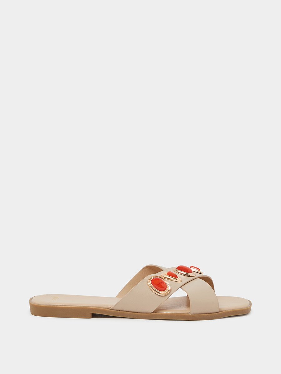 Beige Embellished Flat Sandals