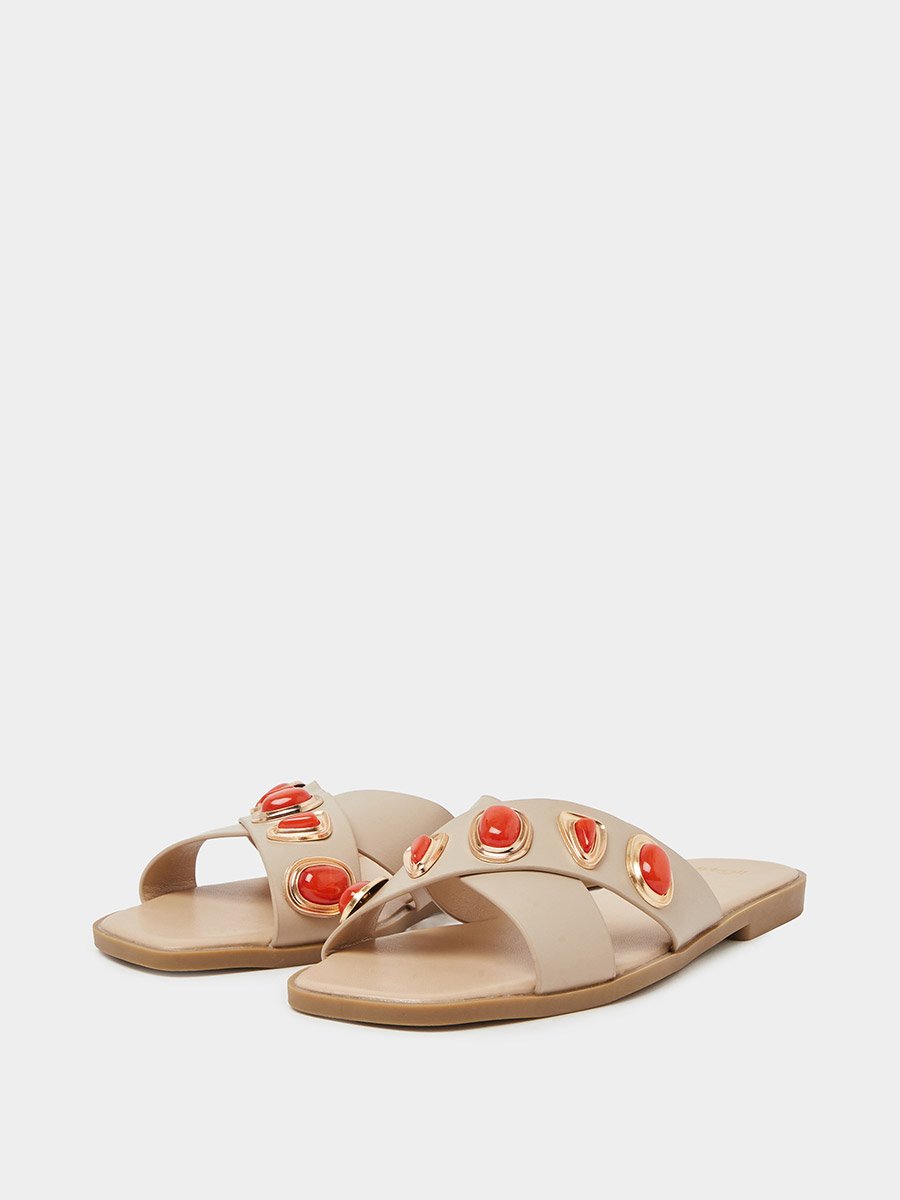 Beige Embellished Flat Sandals