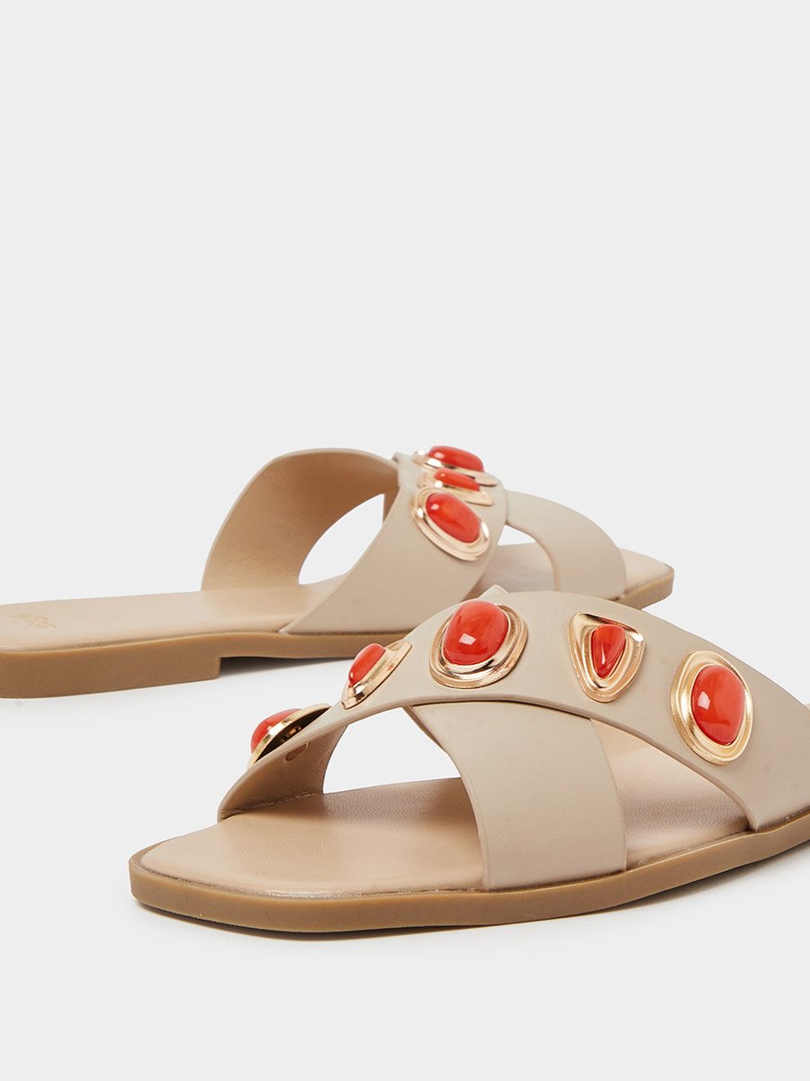 Beige Embellished Flat Sandals