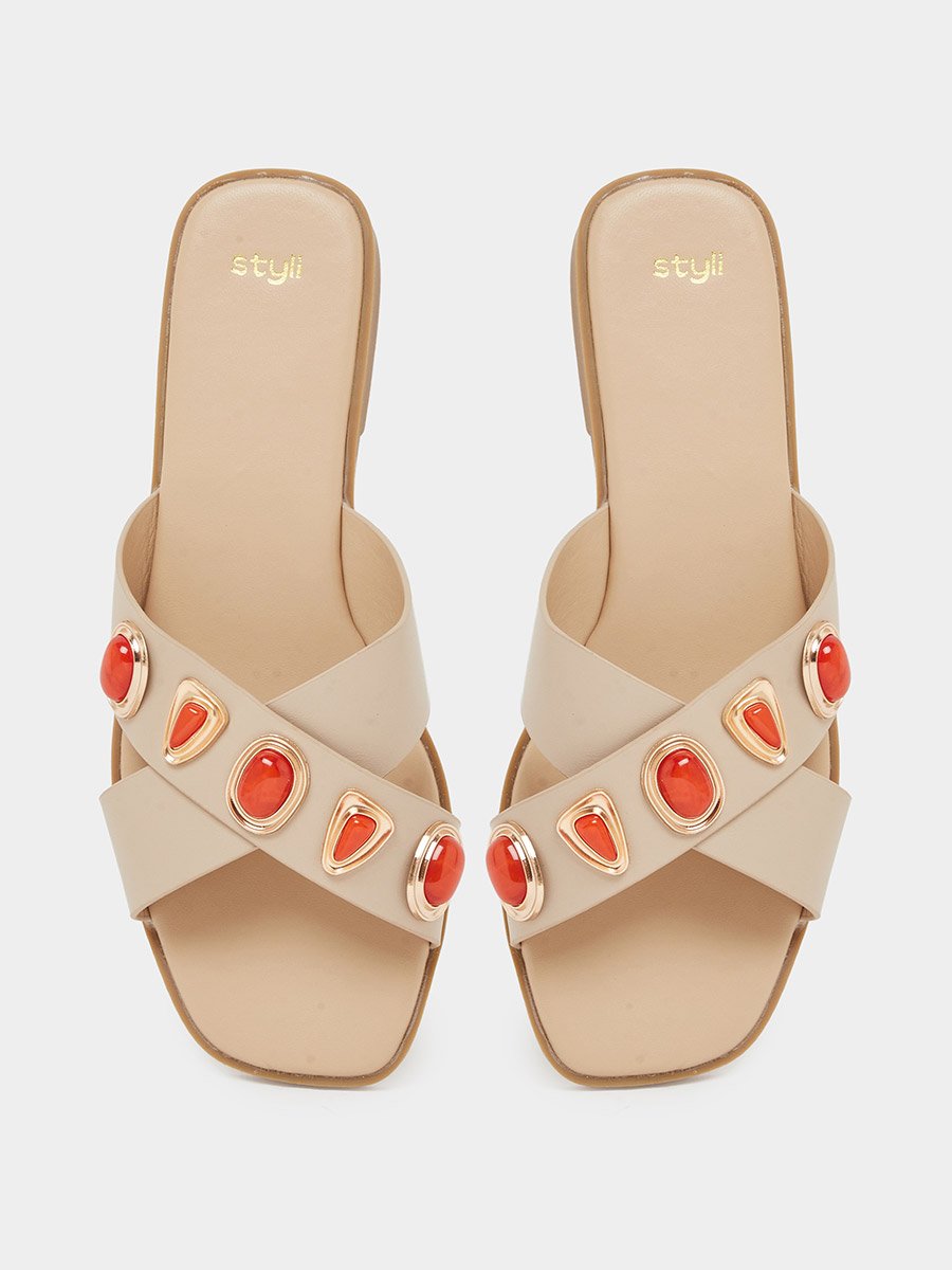 Beige Embellished Flat Sandals