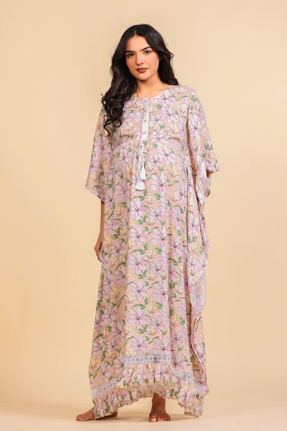 Peach Floral Print Viscose Maternity Kaftan with Tassel and Lace