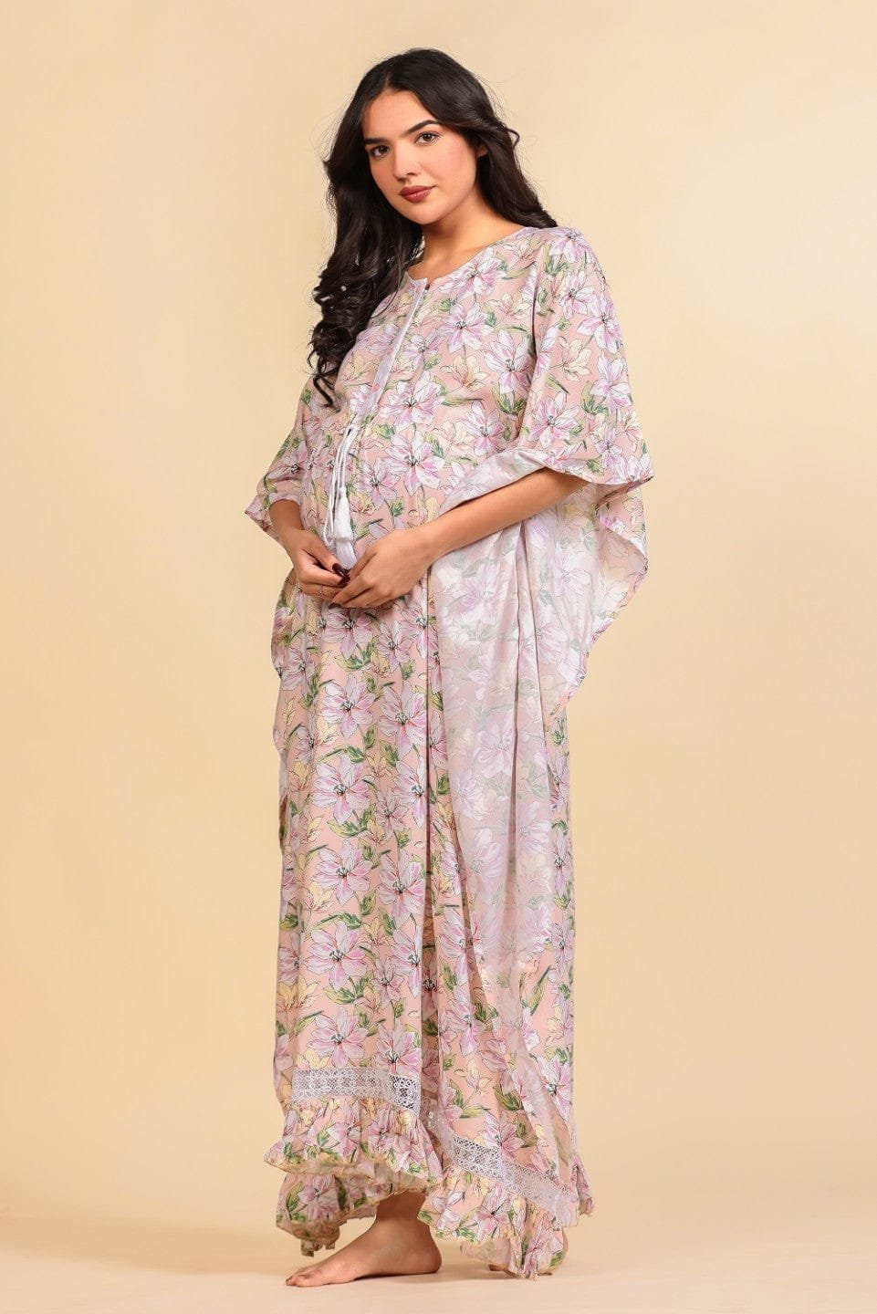 Peach Floral Print Viscose Maternity Kaftan with Tassel and Lace