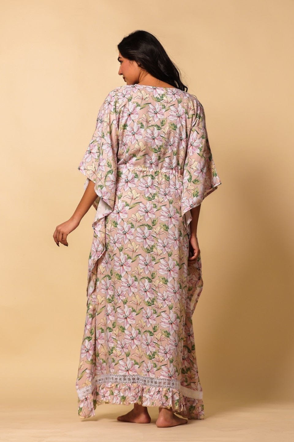 Peach Floral Print Viscose Maternity Kaftan with Tassel and Lace