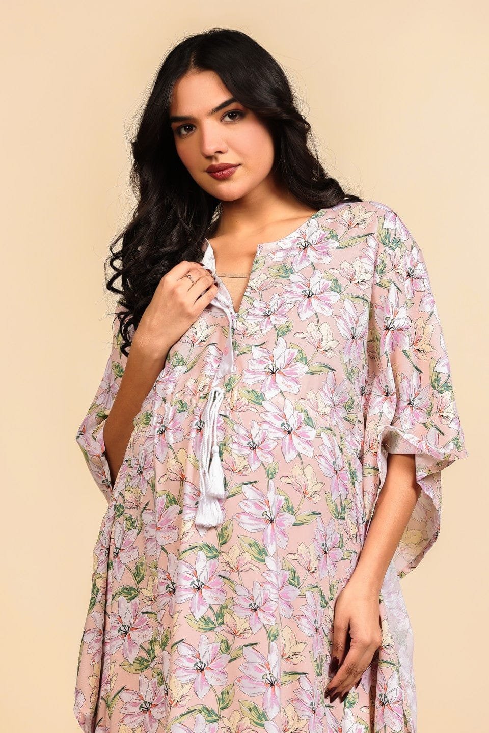 Peach Floral Print Viscose Maternity Kaftan with Tassel and Lace