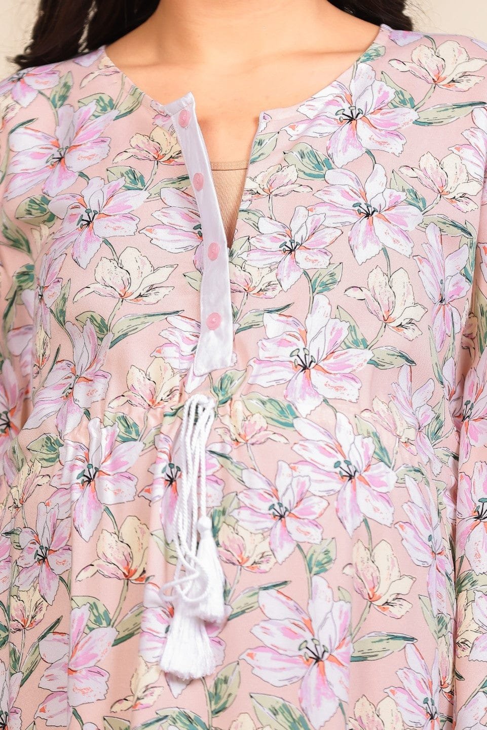 Peach Floral Print Viscose Maternity Kaftan with Tassel and Lace