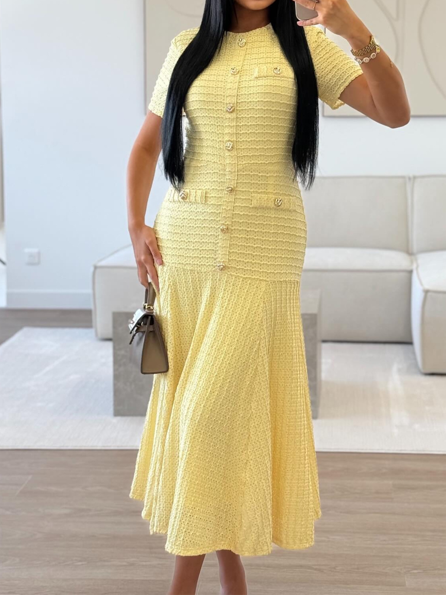 Yellow Midi A-Line Dress with Short Sleeves 