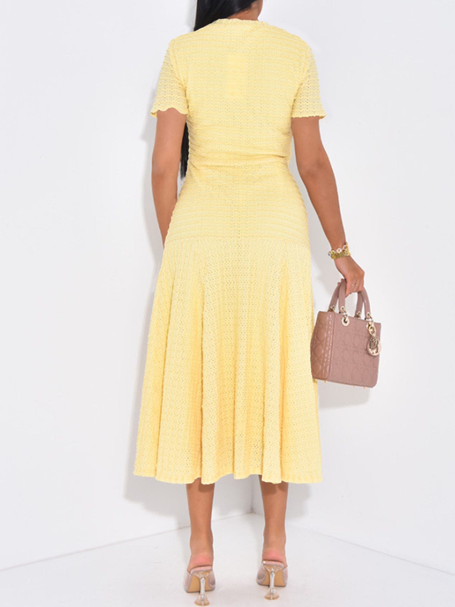 Yellow Midi A-Line Dress with Short Sleeves 