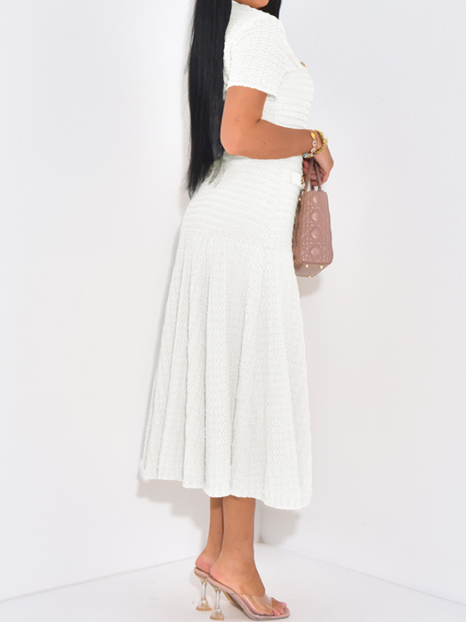 White A-Line Midi Dress with Short Sleeves