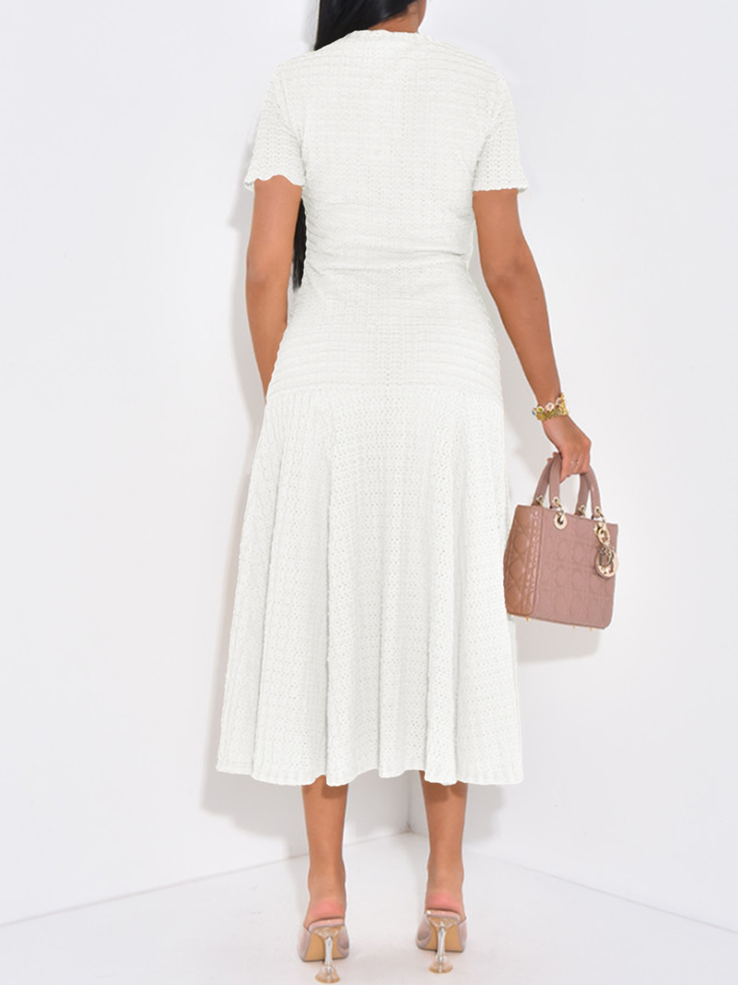 White A-Line Midi Dress with Short Sleeves
