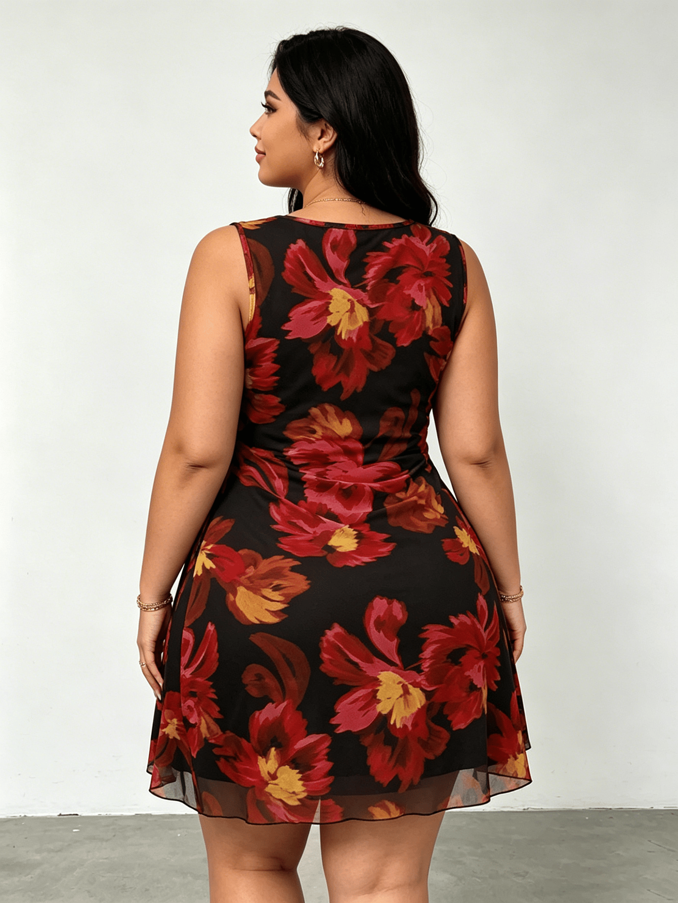 Plus Size Multi-Color Floral Print Sleeveless A Line Mini Dress