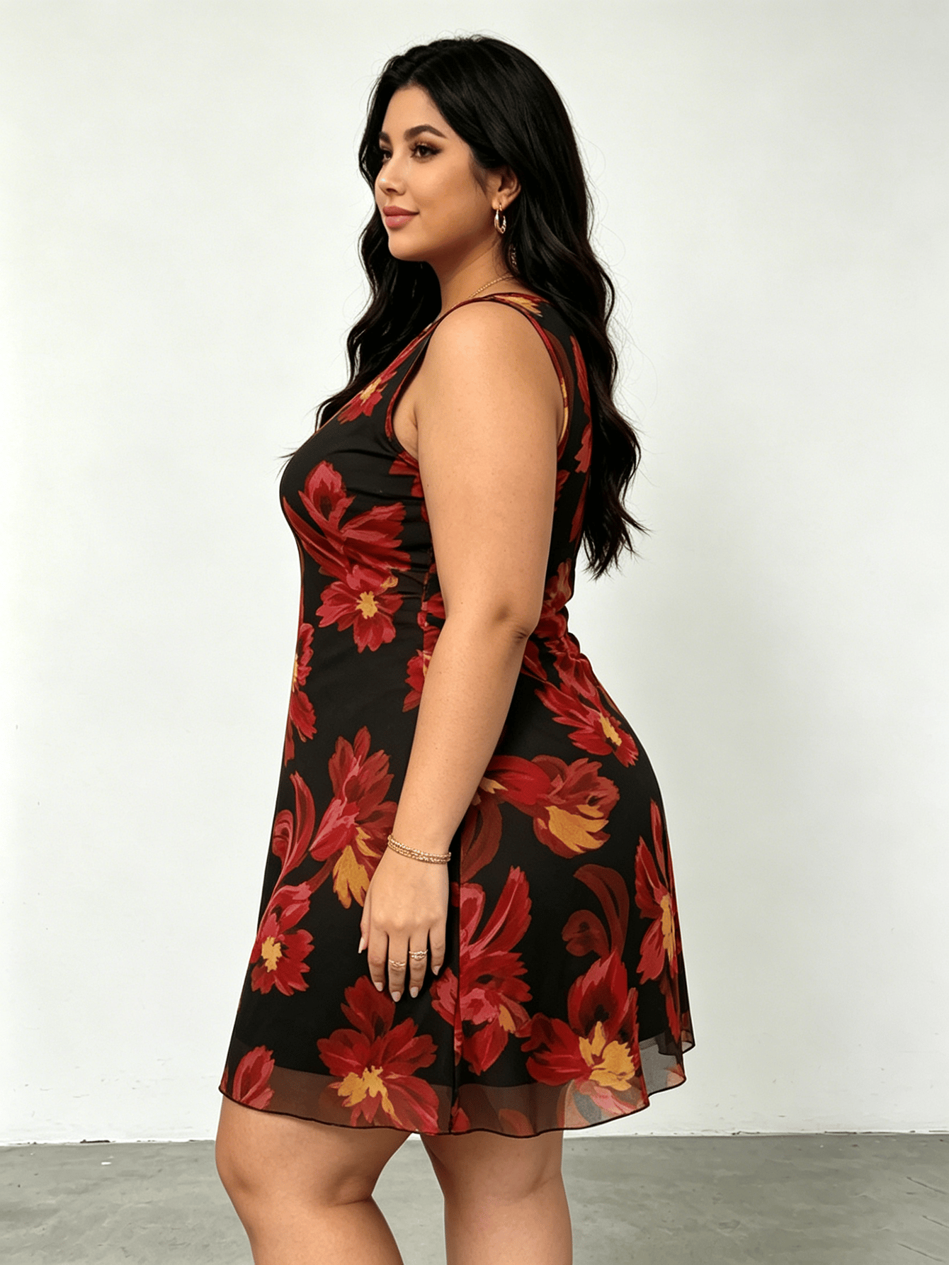 Plus Size Multi-Color Floral Print Sleeveless A Line Mini Dress