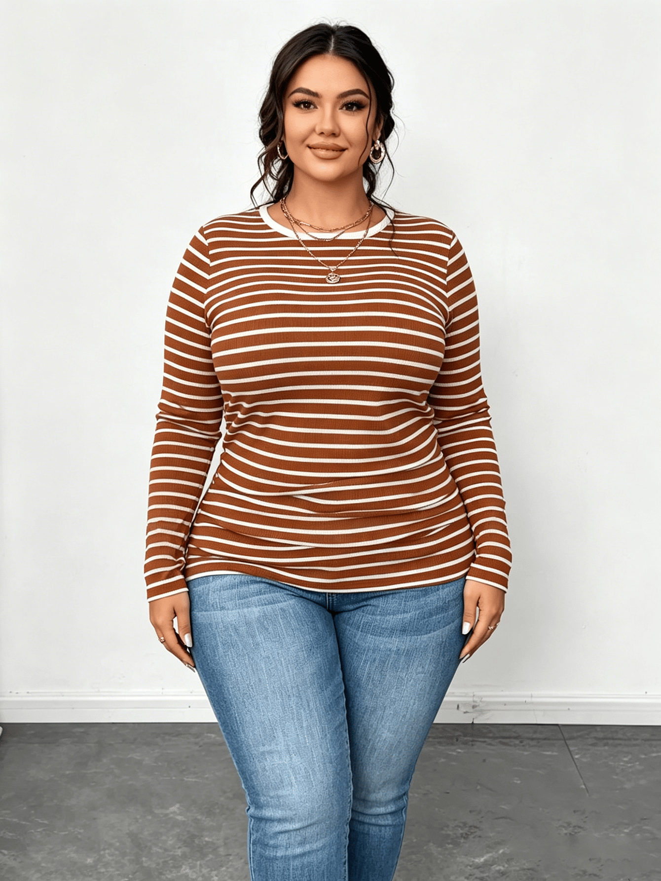 Plus Size Striped Ribbed Long Sleeve Top