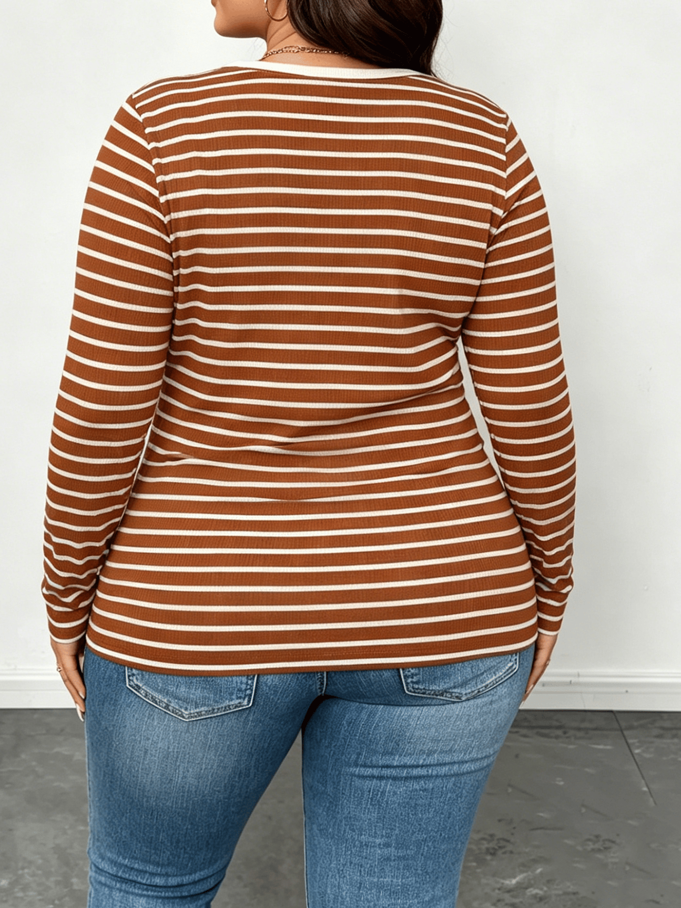 Plus Size Striped Ribbed Long Sleeve Top