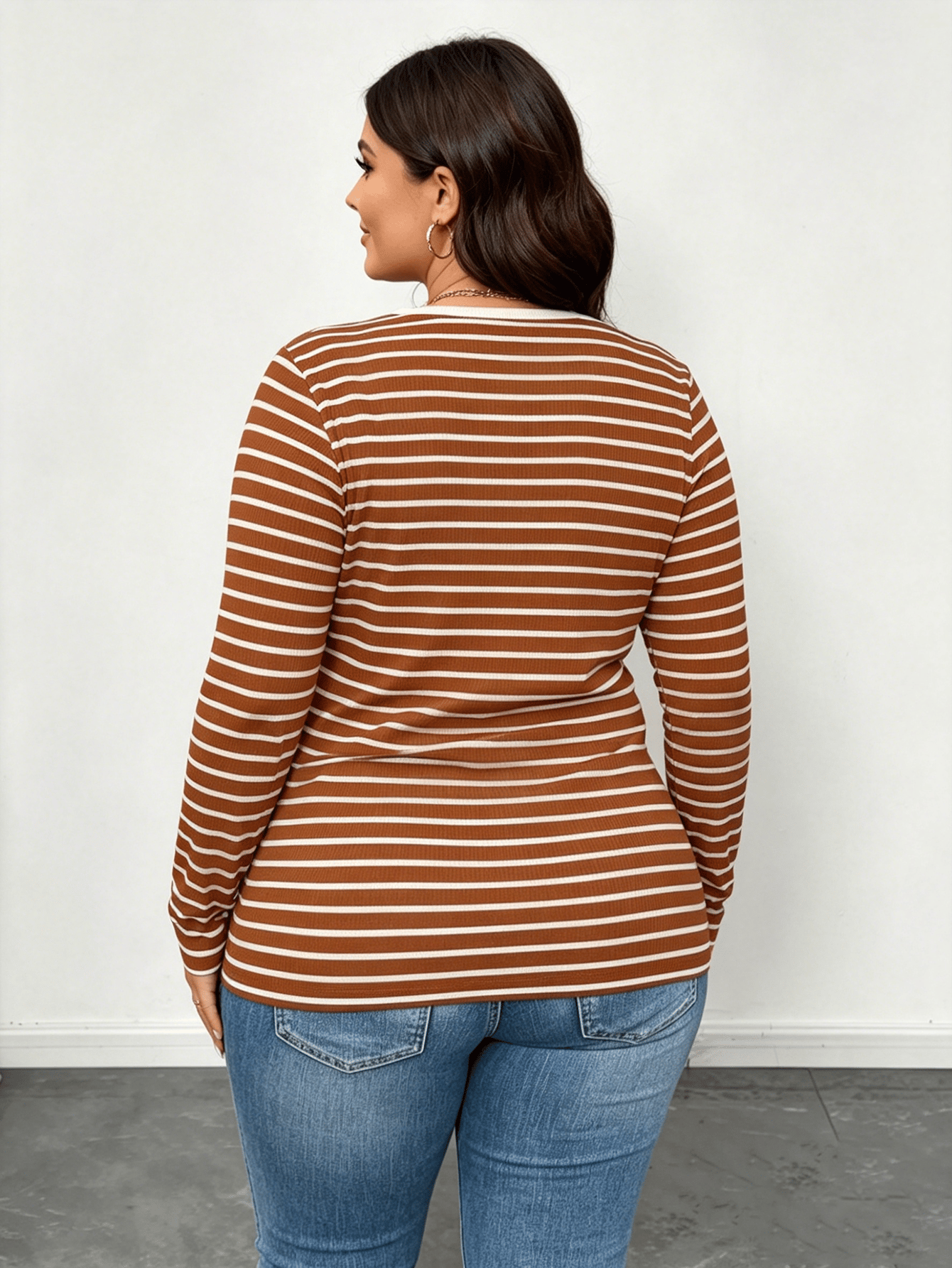 Plus Size Striped Ribbed Long Sleeve Top