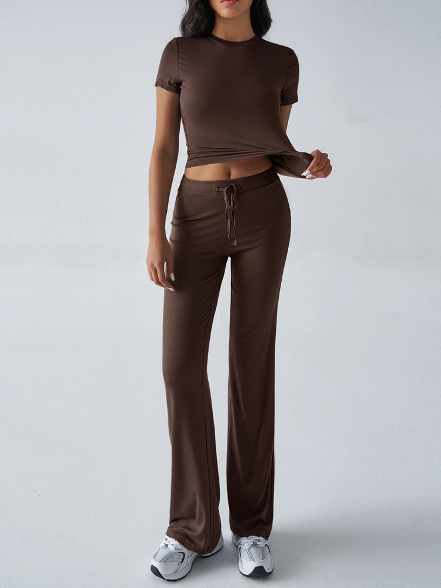 Brown Crop Top and Solid Pants Co-ord Set