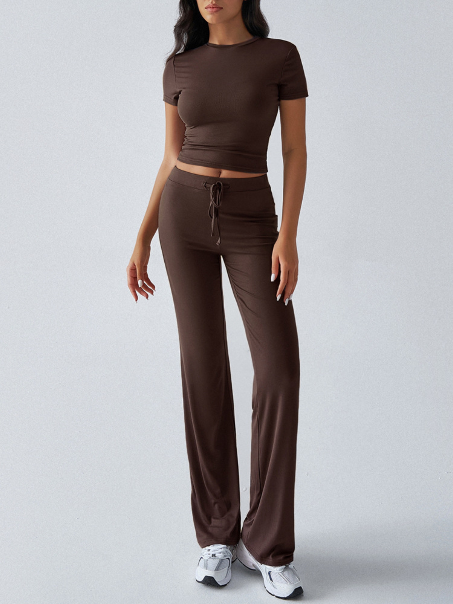 Brown Crop Top and Solid Pants Co-ord Set