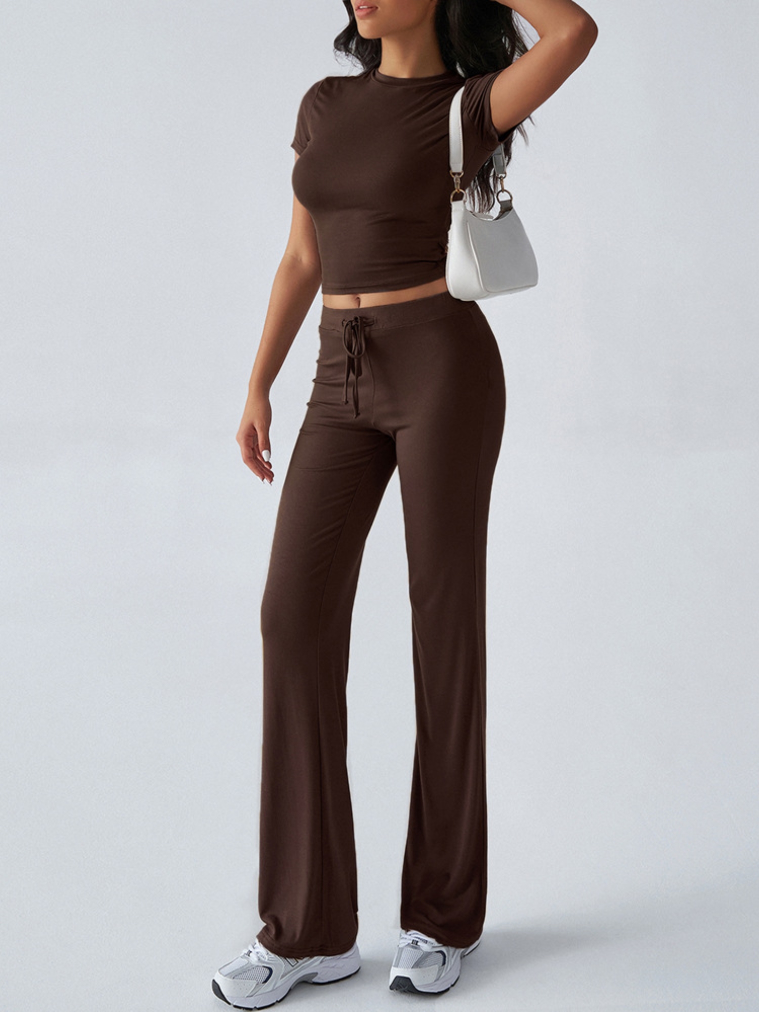 Brown Crop Top and Solid Pants Co-ord Set