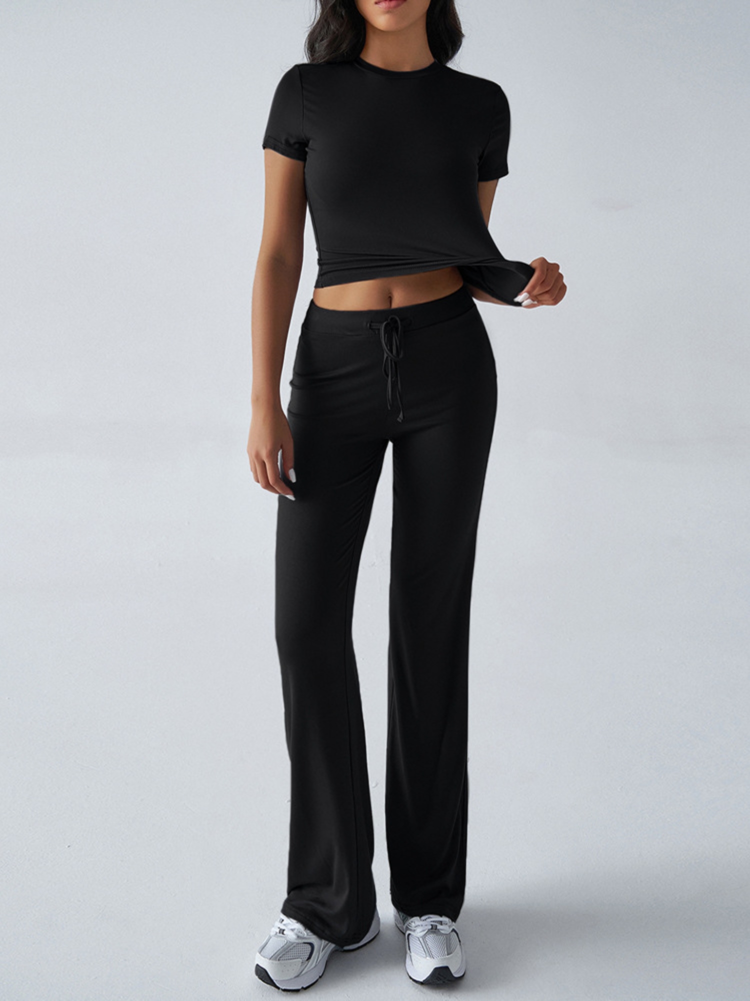 Black Crop Top and Solid Pants Co-ord Set