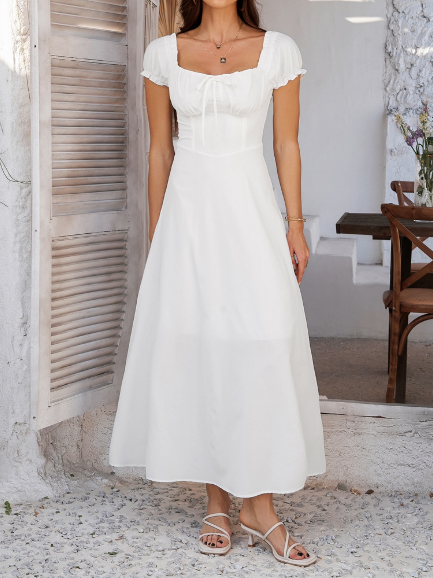 White A-Line Midi Dress with Short Sleeves