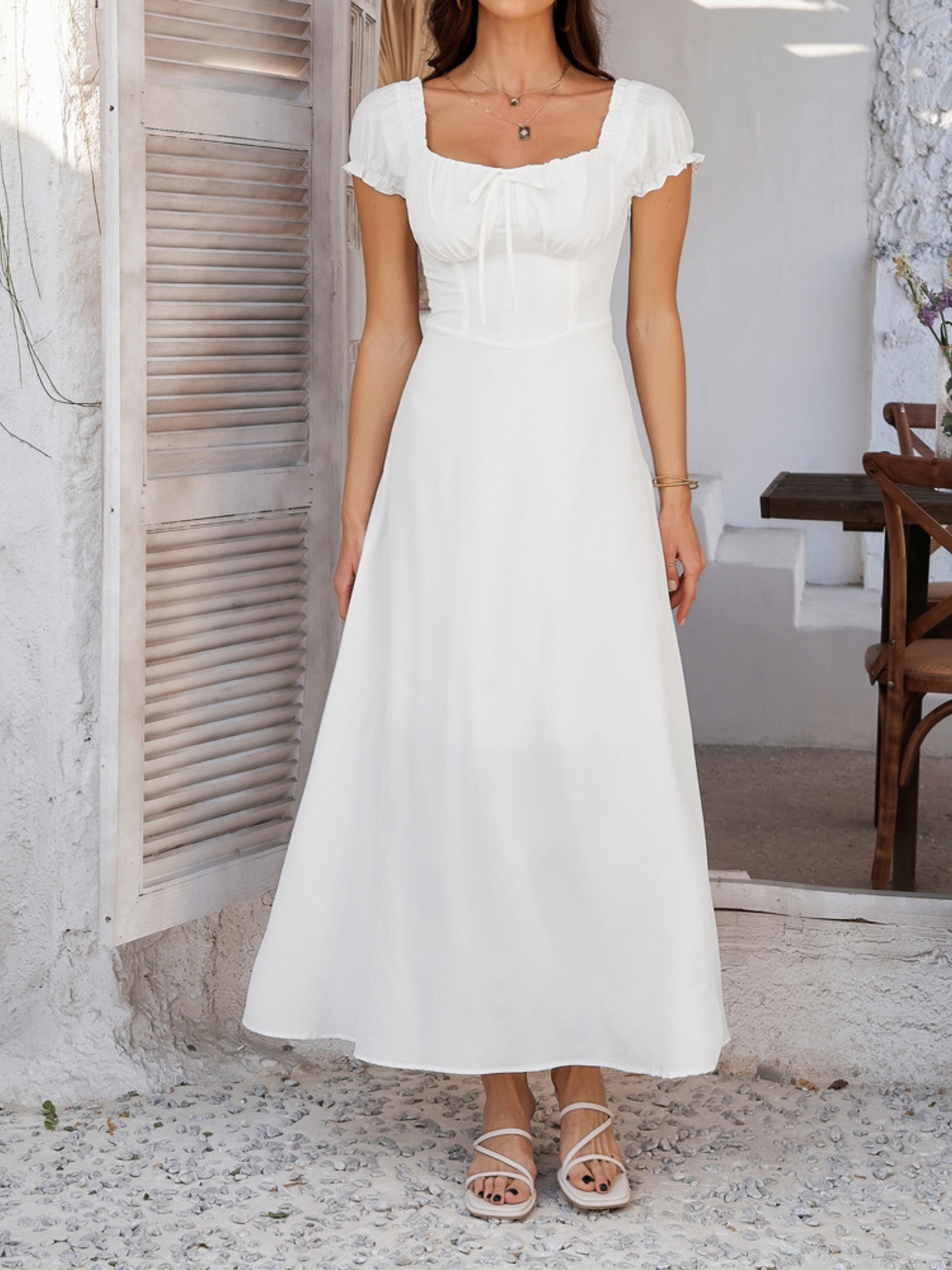 White A-Line Midi Dress with Short Sleeves