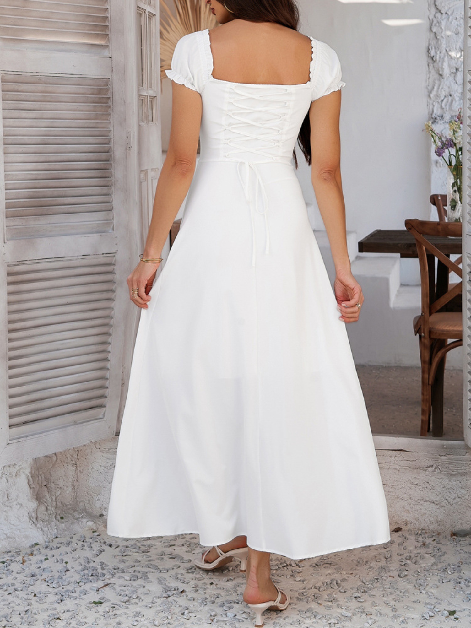 White A-Line Midi Dress with Short Sleeves