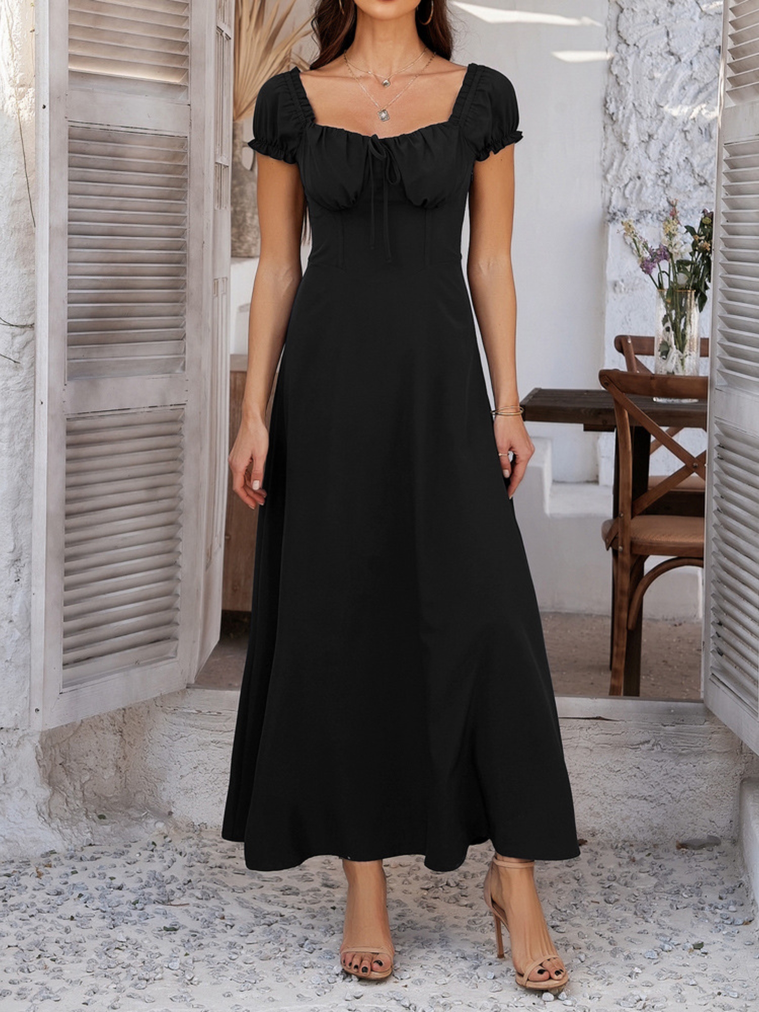 Black A-Line Midi Dress with Short Sleeves
