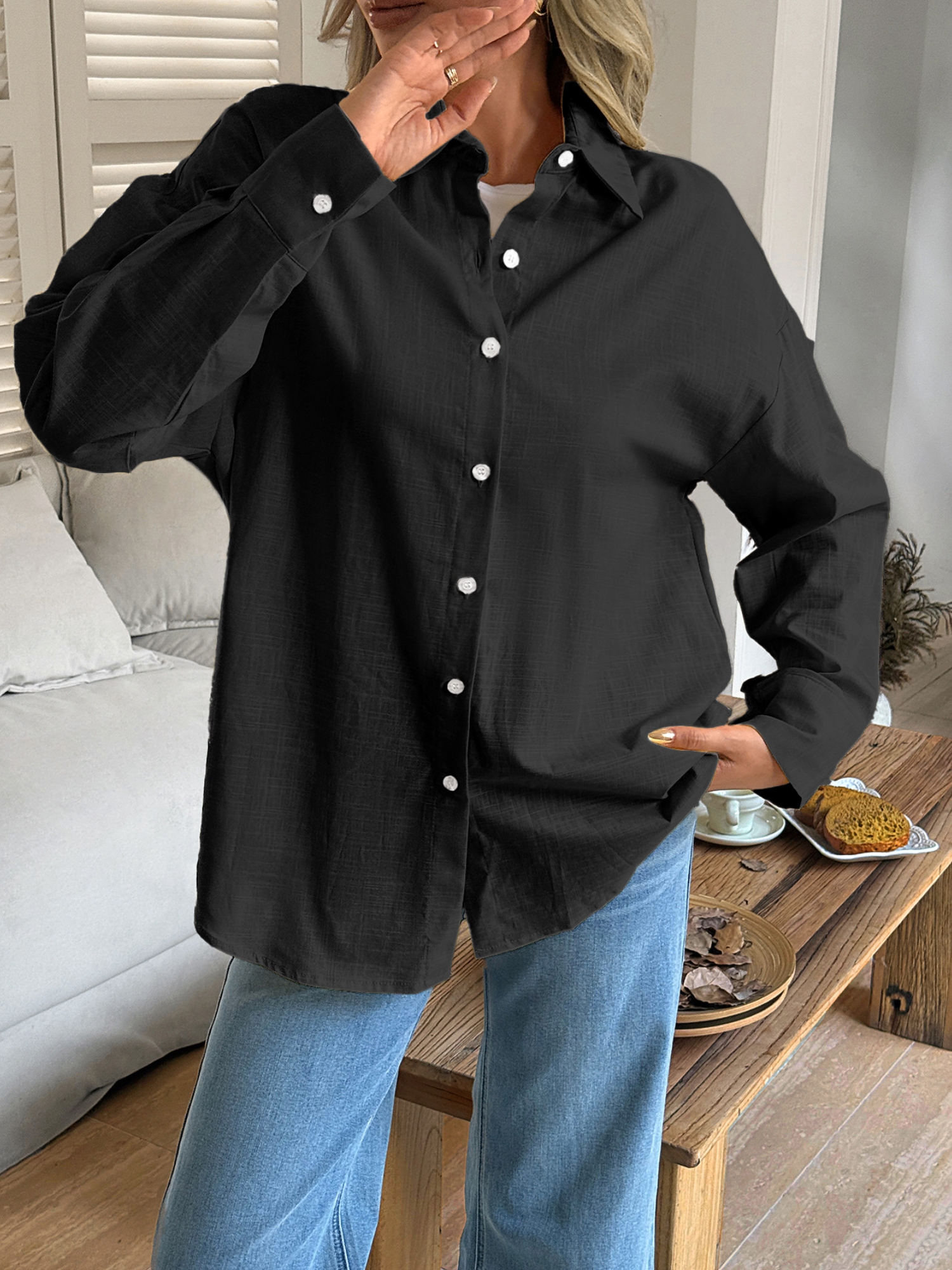 Black Longline Button-Up Shirt
