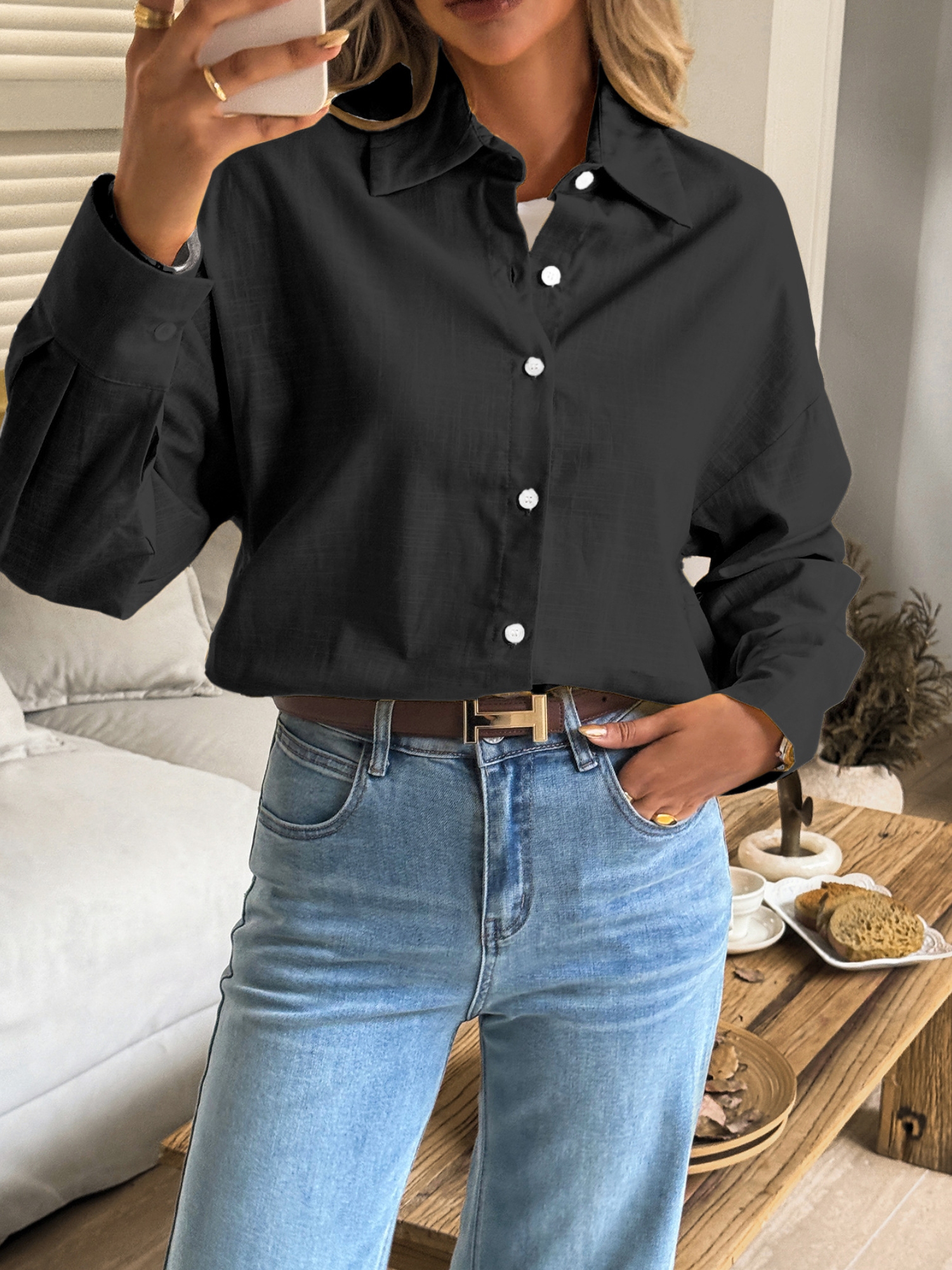 Black Longline Button-Up Shirt