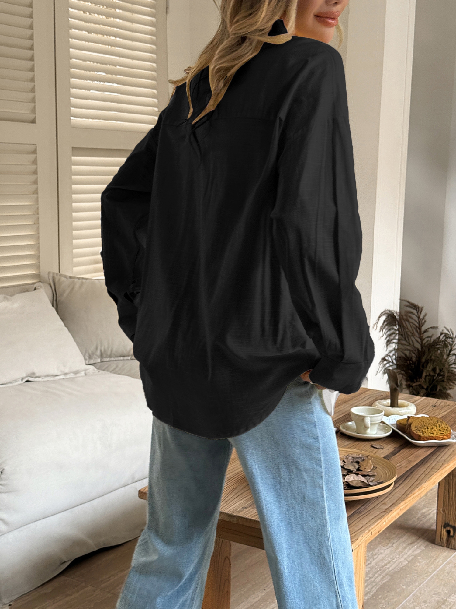 Black Longline Button-Up Shirt