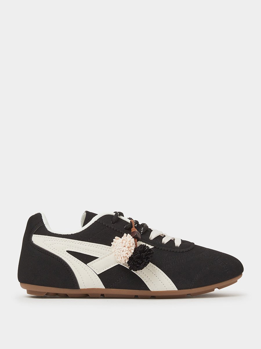 Black Lace-Up Retro Sneakers with Pom-Pom Charm