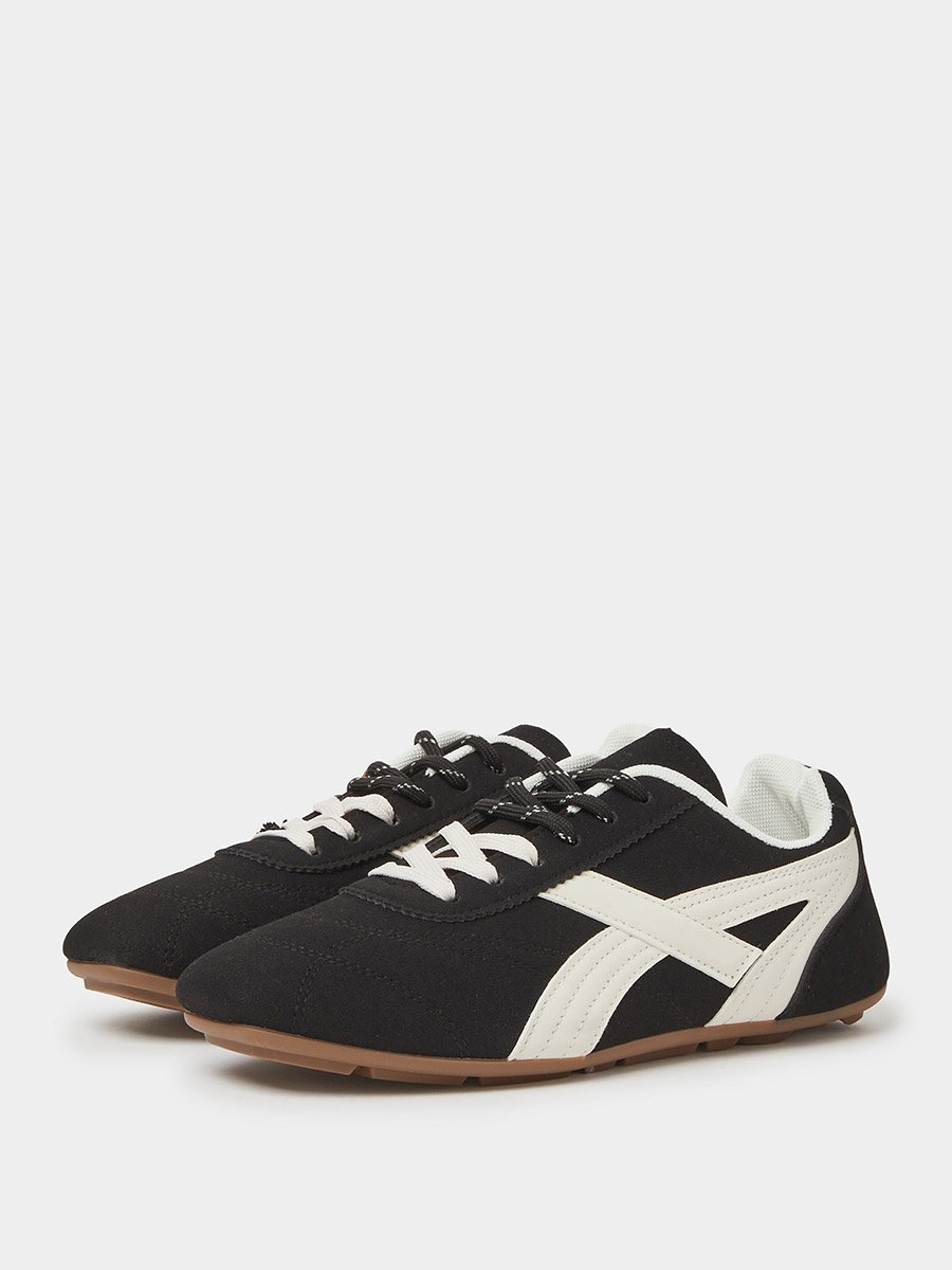 Black Lace-Up Retro Sneakers with Pom-Pom Charm