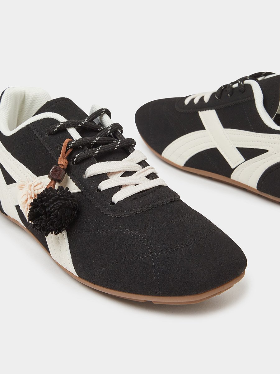 Black Lace-Up Retro Sneakers with Pom-Pom Charm
