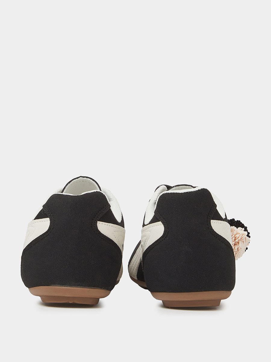 Black Lace-Up Retro Sneakers with Pom-Pom Charm