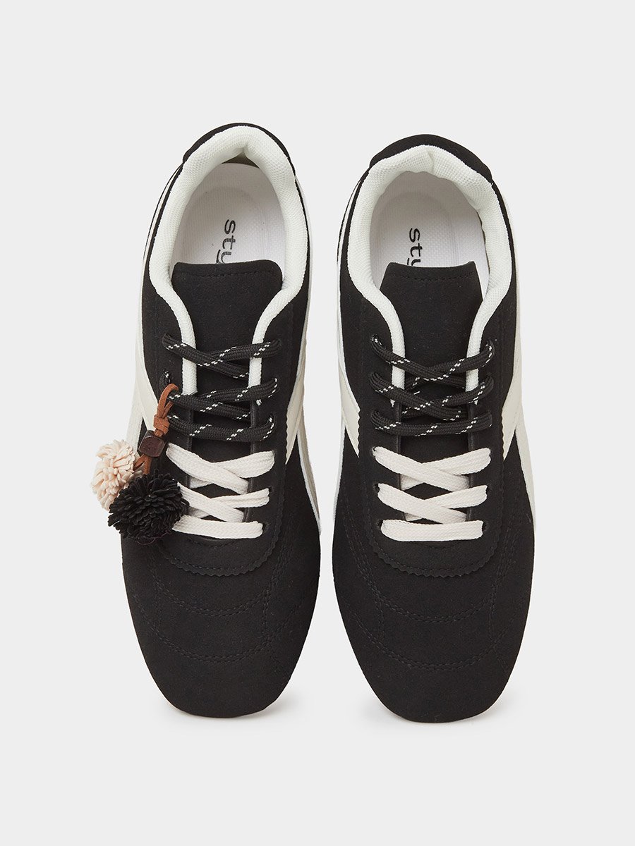 Black Lace-Up Retro Sneakers with Pom-Pom Charm
