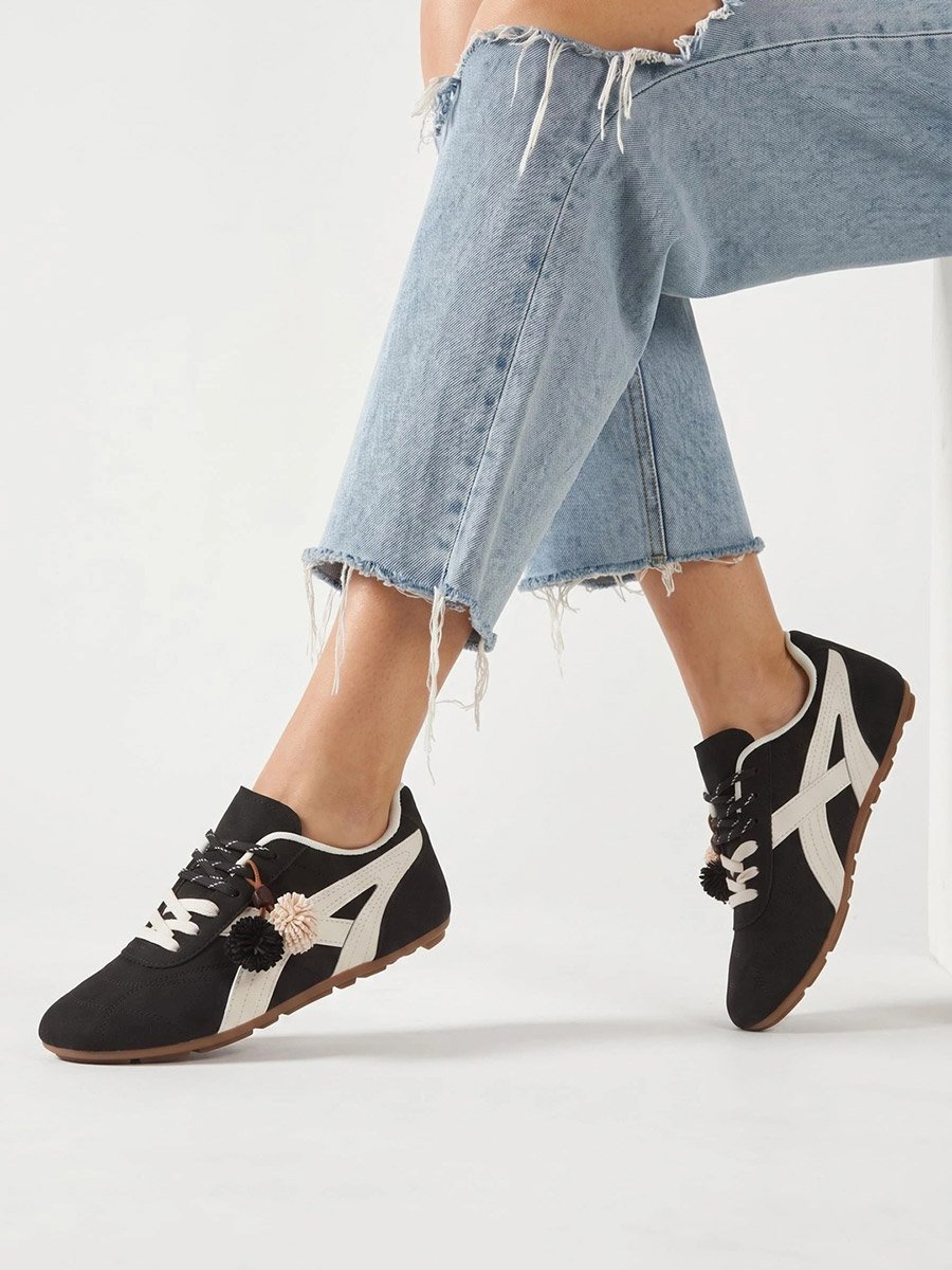 Black Lace-Up Retro Sneakers with Pom-Pom Charm