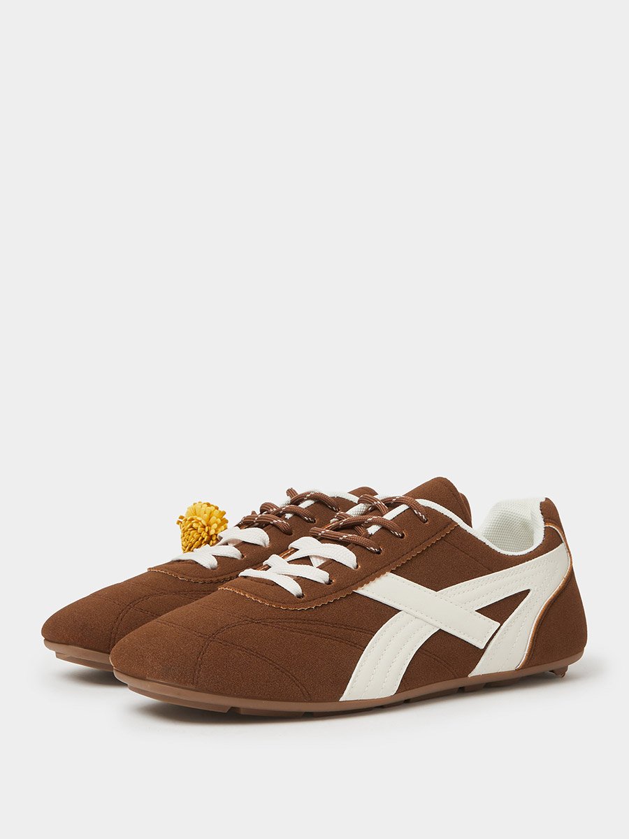 Brown Lace-Up Retro Sneakers with Pom-Pom Charm