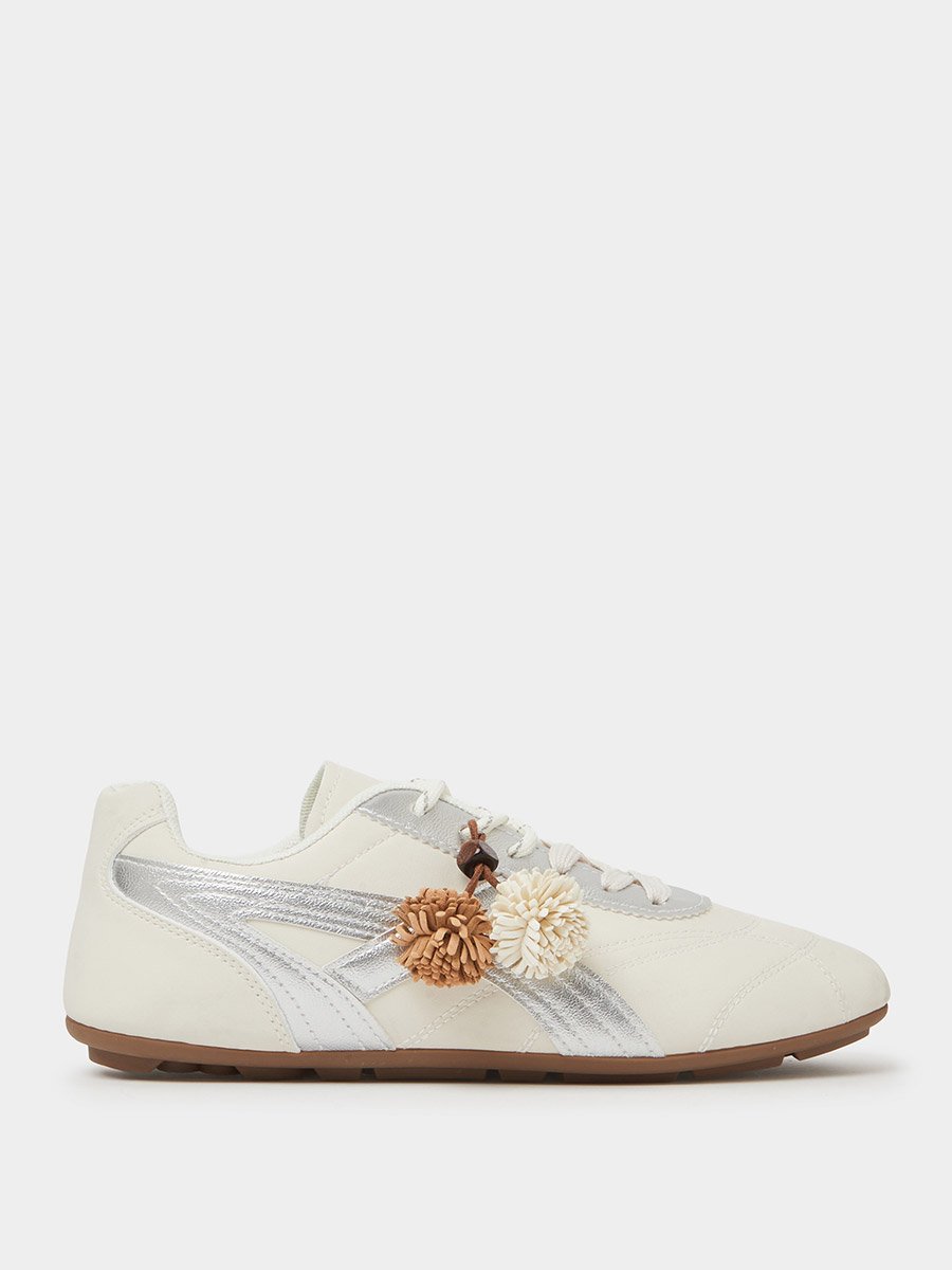 White Lace-Up Retro Sneakers with Pom-Pom Charm