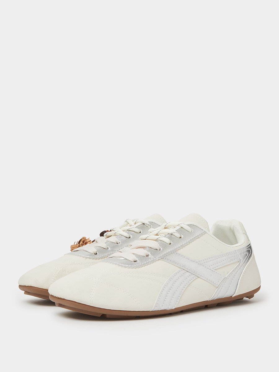 White Lace-Up Retro Sneakers with Pom-Pom Charm