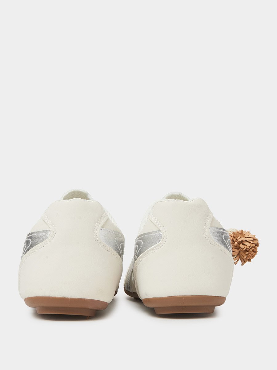 White Lace-Up Retro Sneakers with Pom-Pom Charm