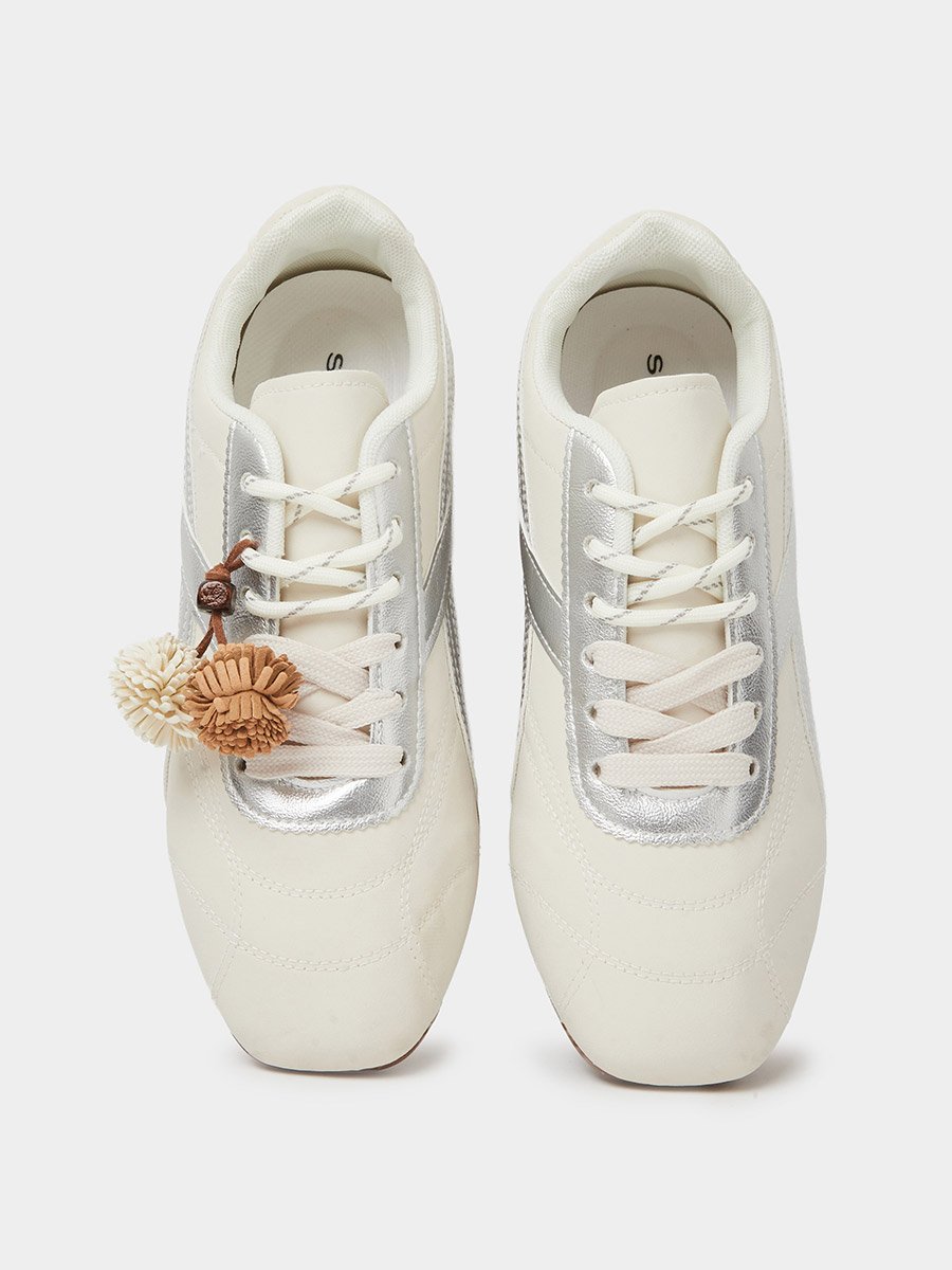 White Lace-Up Retro Sneakers with Pom-Pom Charm