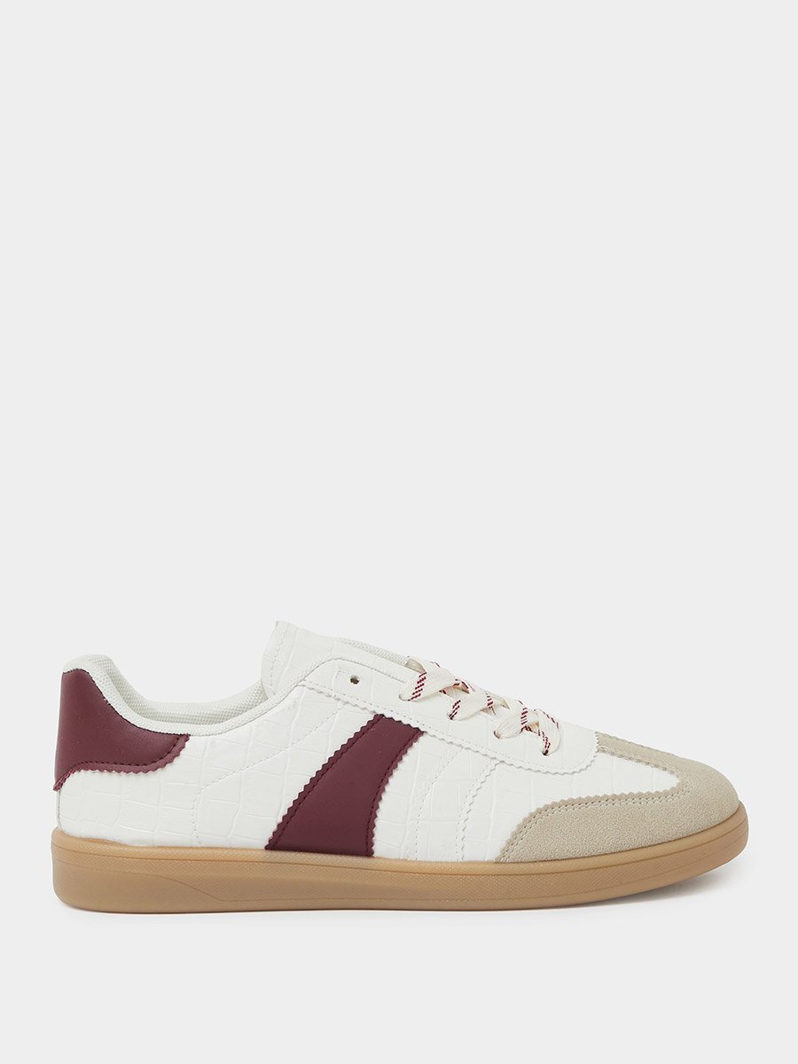 Burgundy Crocodile Embossed PU Sneakers with Gum Sole