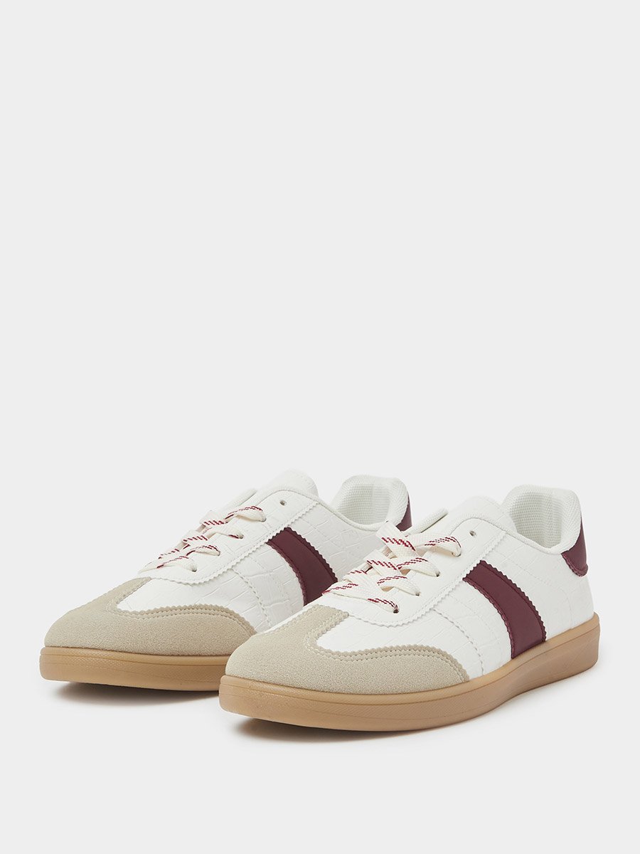 Burgundy Crocodile Embossed PU Sneakers with Gum Sole