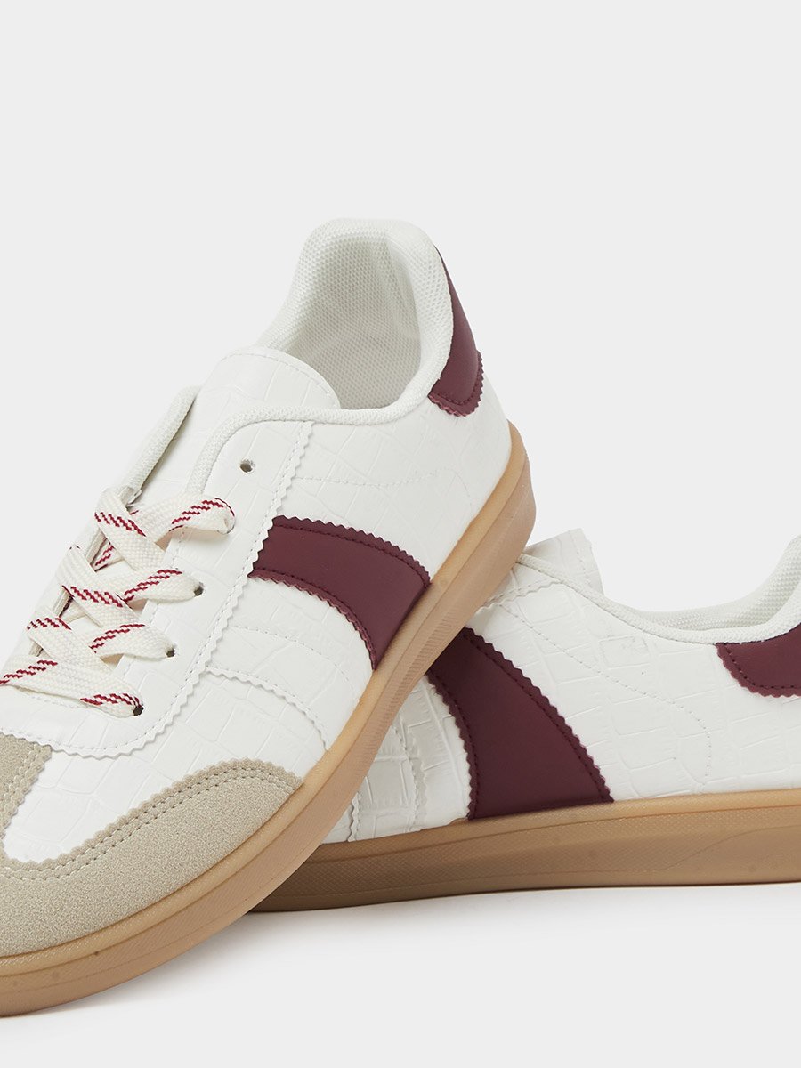 Burgundy Crocodile Embossed PU Sneakers with Gum Sole